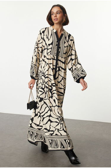 Beige Geometric Patterned Viscose Woven Dress