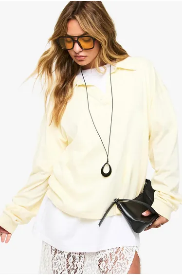 Heavy Cotton Button Detail Collared Rugby Top