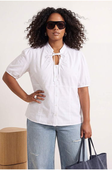 Ecru Short Balloon Sleeve High Neck Plus Size Shirt
