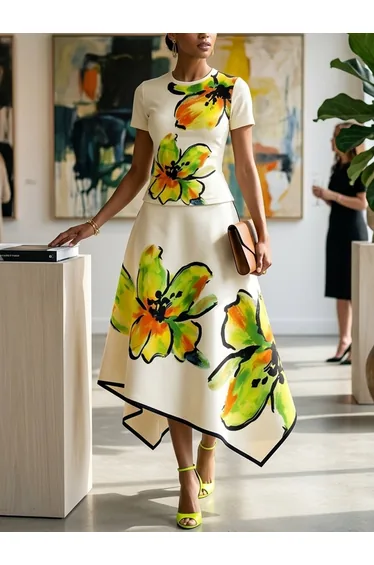 A-Line High Waisted Flower Print Pockets Skirts Bottoms