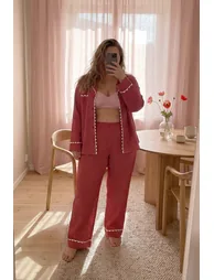 Burgundy Plaid/Check Viscose Woven Pajamas Set