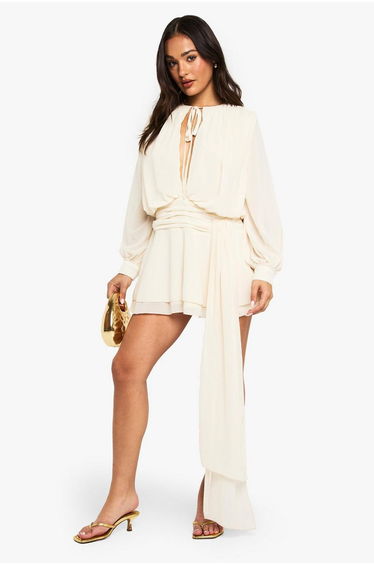 Petite Chiffon Ruched Drape Smock Dress - cream