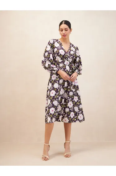 Floral All Over Print Wrap Midi Dress