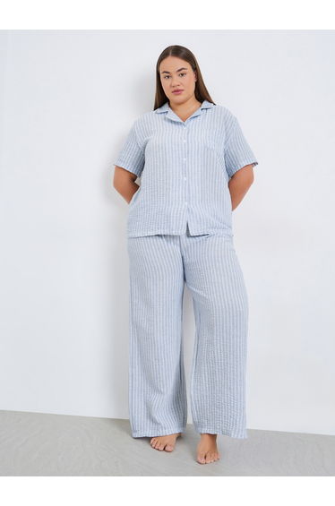 Plus Size Woven Striped Linen Look Shirt and Pyjama Set
