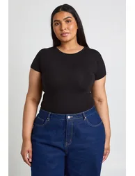 Plus Basic Short Sleeve Crew Neck Bodysuit - black - 2