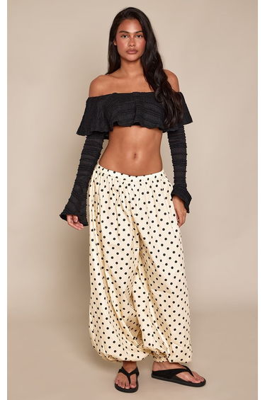 Black Textured Ruffle Bardot Cropped Top