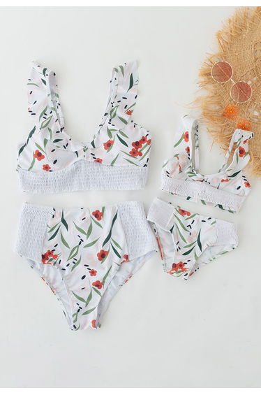 Orange Flower Ruffle Shirred Bikini Set for Mommy & Kids