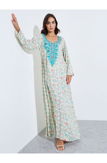 all over printed jalabiya at neck and sleeve hem