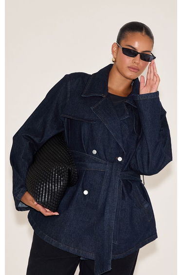 Plus Indigo Cropped Belted Denim Trench