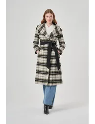 Mizalle Stamp Textured Plaid Shawl Collar Coat - 1
