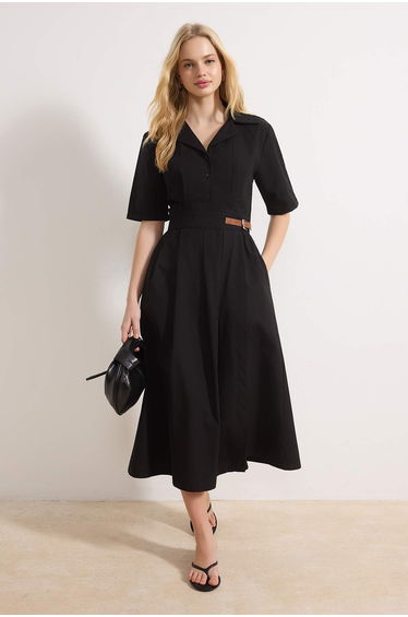 Black Straight Skirt Waist Opening Midi Woven Dress