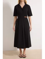 Black Straight Skirt Waist Opening Midi Woven Dress - 2