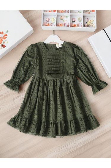 Solid Schiffli Pintuck Detail Dress with 3/4 Sleeves