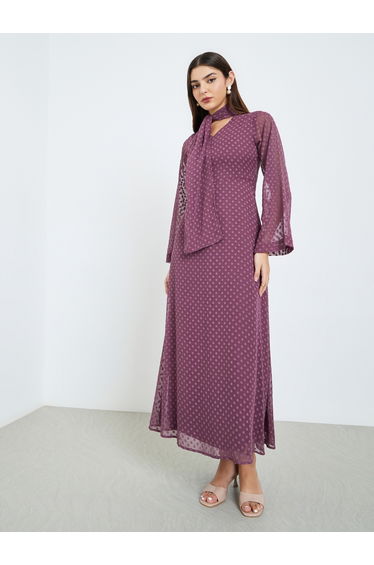 Women Lilac Textured Maxi Dress with Neck Tie Detail
