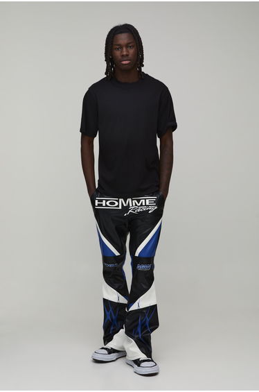 Straight Fit Flare Stacked PU Moto Trouser - black