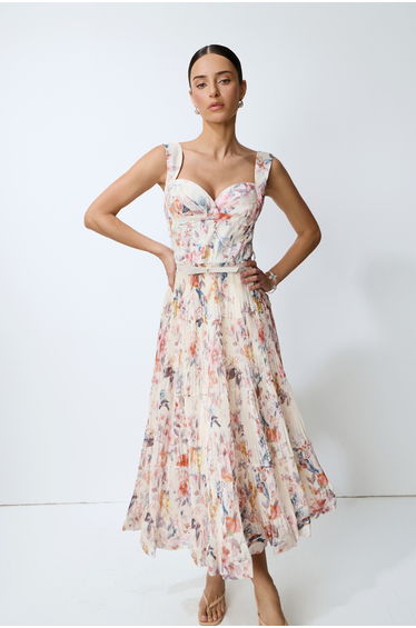 Dancing In Flowers Beige Floral Print Corset Midi Dress