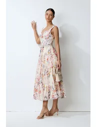 Dancing In Flowers Beige Floral Print Corset Midi Dress - 3