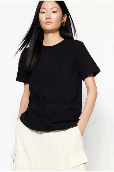 Black 100% Cotton Premium Basic Crew Neck Knitted T-Shirt