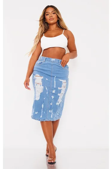 Shape Blue Stretch Denim Frayed Detail Midi Skirt