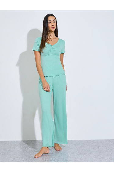 Green Ruched Button Placket Detail T-Shirt and Pyjama Set
