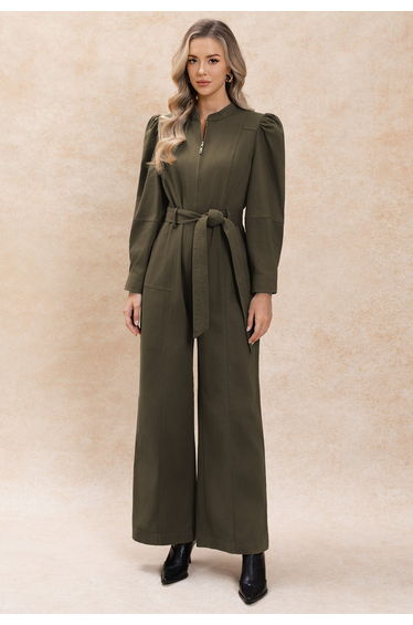 Puff Sleeve Zip-Up Belted Denim Jumpsuit in Army Green
