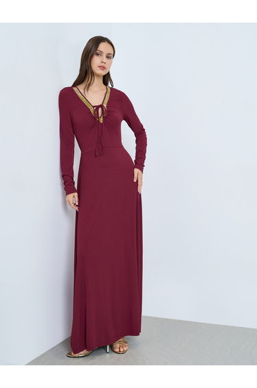 Burgundy Tie-Up Neck Ruffled Waist Maxi Dress