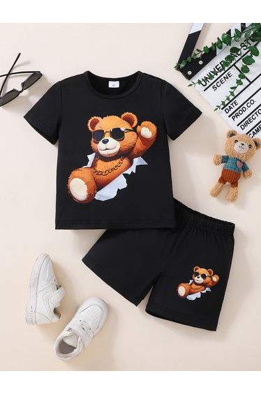 Boys Bear Print Short Sleeve T-Shirt and Shorts Set