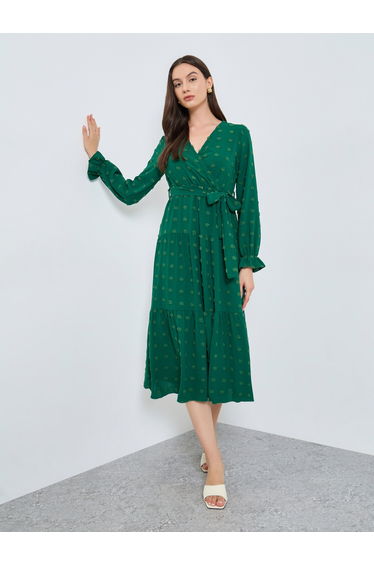 Emerald Green Swiss Dots Detail Midi Dress