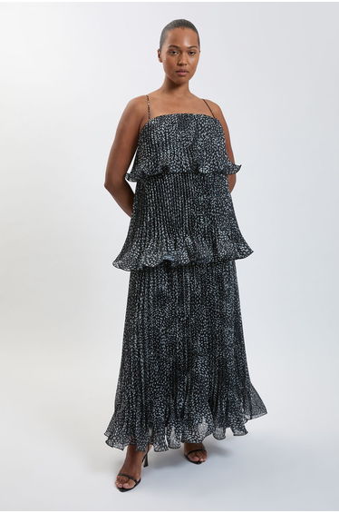 Plus Size Spot Print Pleated Slub Organdie Peplum Woven Maxi Dress