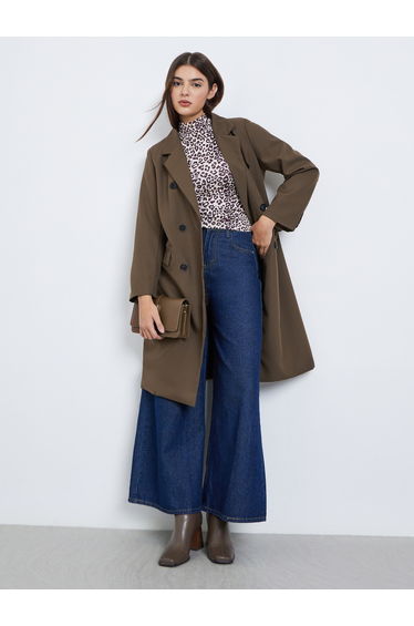 Brown Knee-Length Double-Breasted Coat