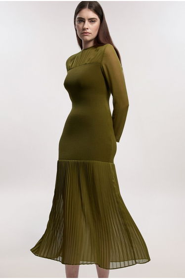 Petite Woven Knit Mix Pleated Midi Dress