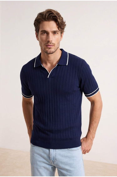 Navy Blue Regular Cut Textured Polo Neck Knitwear T-Shirt