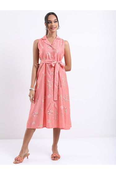 Floral Printed Tie Up Detail A-Line Midi Dress