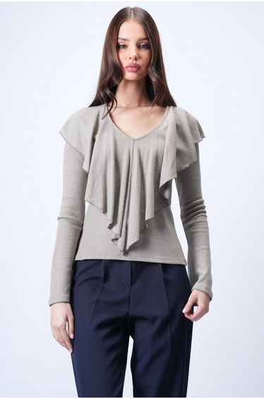 Women's Mink Deep V-Neck Flounce Knitted Blouse