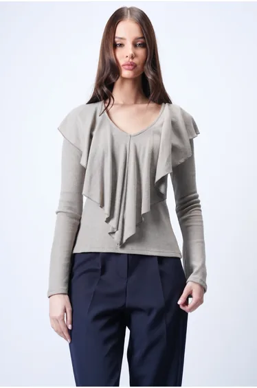 Women's Mink Deep V-Neck Flounce Knitted Blouse