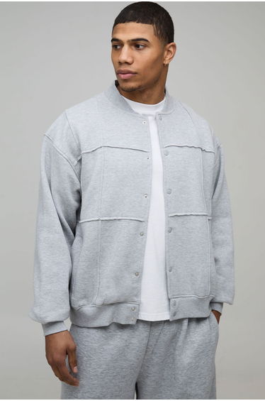 Boxy Fit Pleated Panel Jersey Bomber Jacket - grey