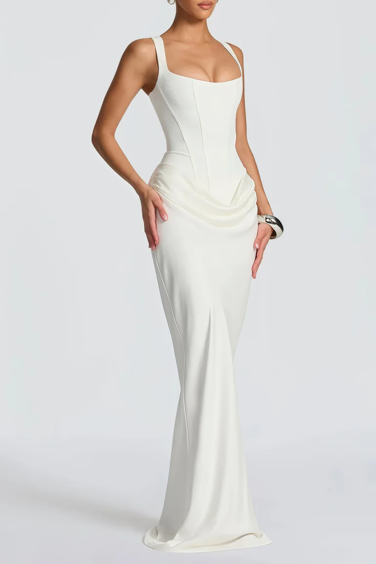 Paulette White Ruched Corset Maxi Dress - 3
