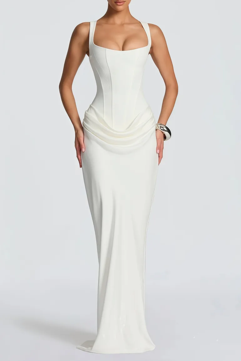 Paulette White Ruched Corset Maxi Dress