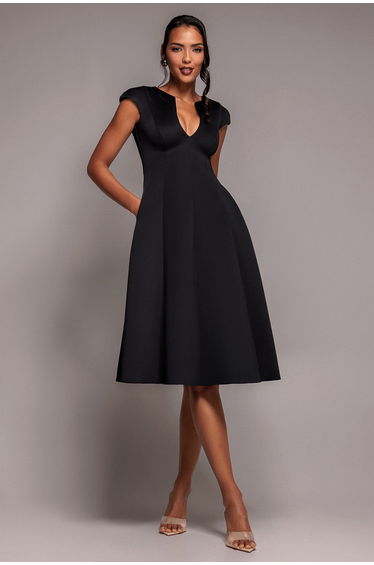 Goddiva Cap Sleeve Plunging V-Neckline A-line Midi Dress - Black