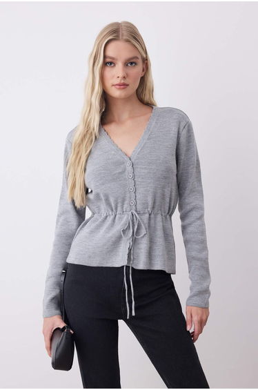 Light Gray Soft Textured Lace Detailed Knitwear Cardigan