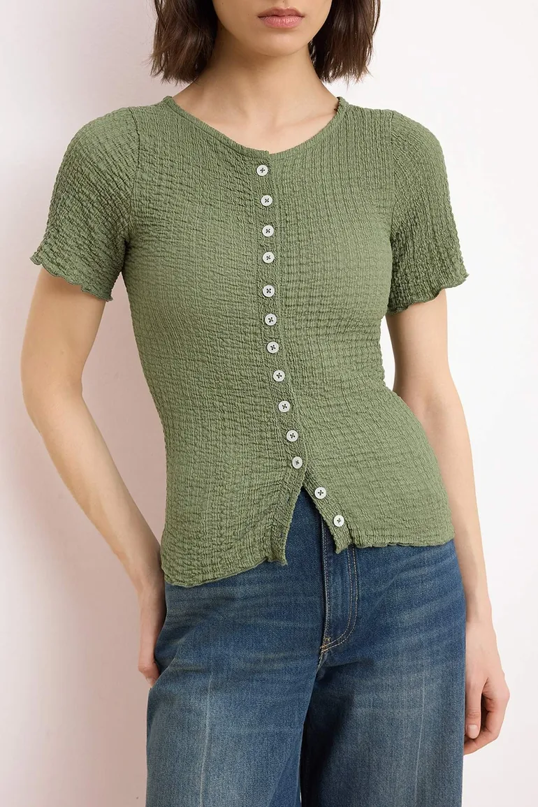 Light Khaki Fitted/Bodycon Buttoned Short Sleeve Textured Knitted Blouse - 2