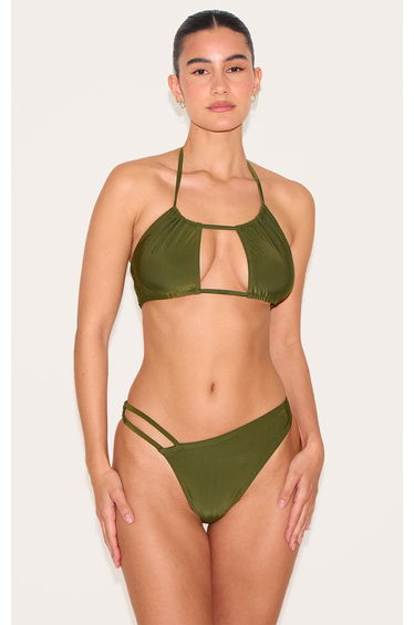 Khaki Ruched Halter Neck Bikini Top