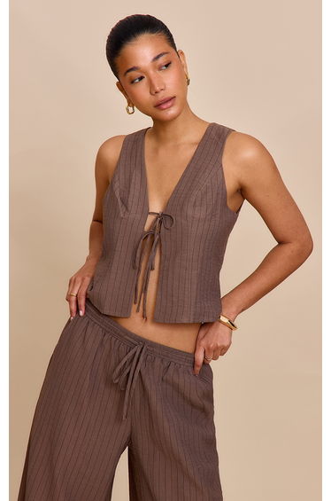 Brown Pinstriped Tie Front Top