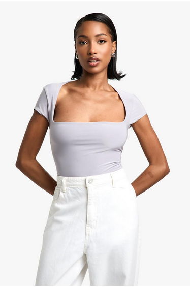 Double Layer Slinky Square Neck Cap Sleeve Bodysuit
