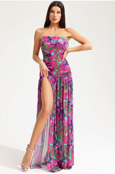 Floral Tube Top Slit Backless Maxi Dress