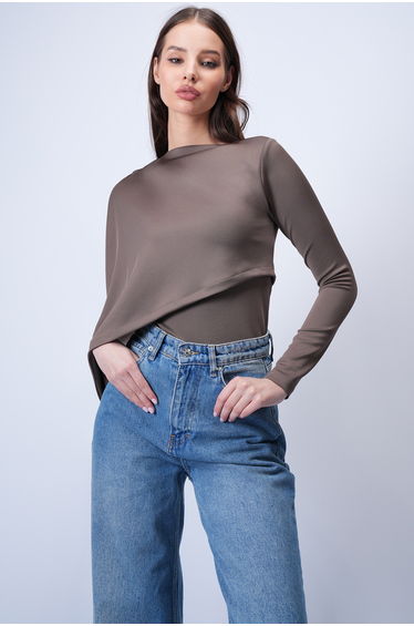 Women's Brown Single Sleeve Fixed Shawl Design Knitted Crop Blouse