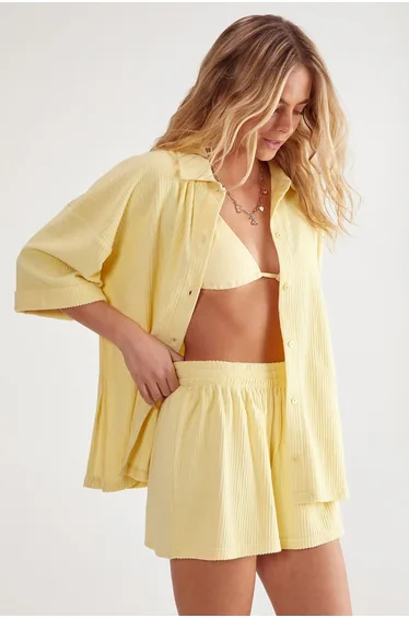 Ribbed Toweling Beach Shirt and Shorts Two Piece Set