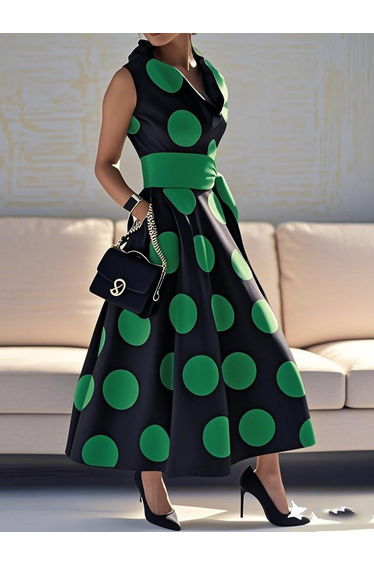 A-Line Loose Pockets Polka-Dot Split-Joint Tied Waist Lapel Maxi Dresses Shirt Dress