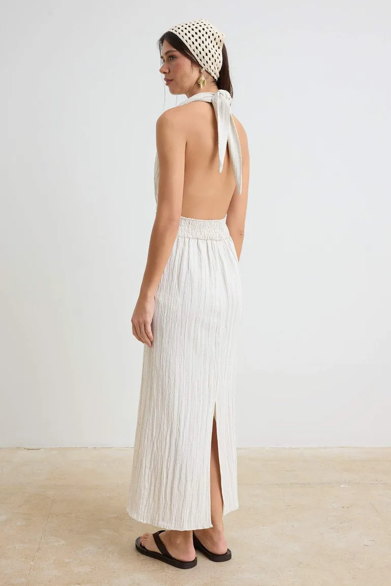 Ecru Woven Back Low-cut Linen Blended Beach Dress - 3