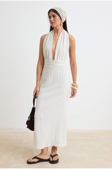 Ecru Woven Back Low-cut Linen Blended Beach Dress